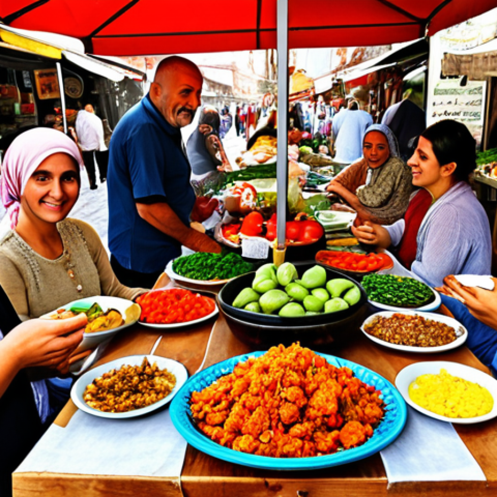 **

A vibrant, colorful illustration depicting a modern Turkish family enjoying a meal made with locally sourced, seasonal ingredients. The scene should emphasize fresh vegetables, fruits, and traditional Turkish dishes. The background features a bustling local market with vendors selling organic produce. This image highlights the benefits of local and seasonal eating for health and sustainability in a Turkish context.

**