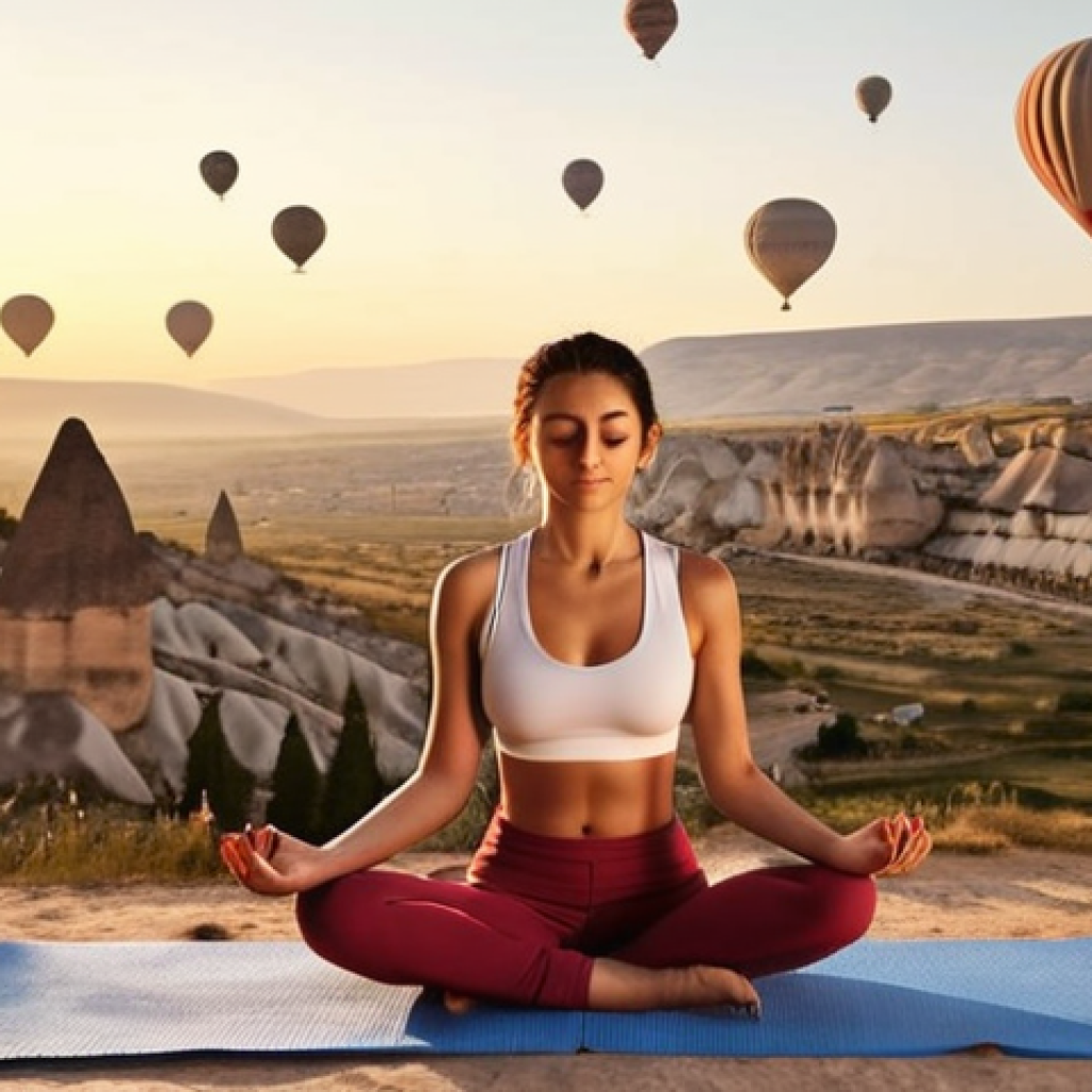 **A serene Turkish woman practicing yoga outdoors at sunrise, with a breathtaking view of Cappadocia's hot air balloons in the background. Golden light, peaceful expression, wearing comfortable athletic wear. Focus on wellness and tranquility.**
