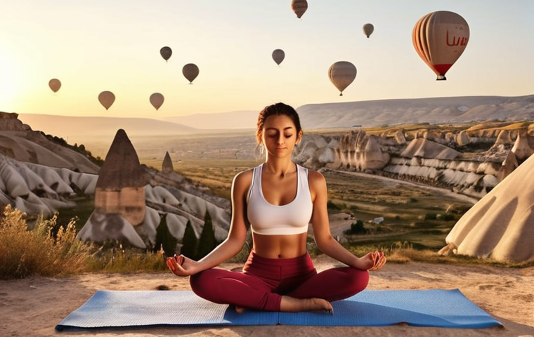 **A serene Turkish woman practicing yoga outdoors at sunrise, with a breathtaking view of Cappadocia's hot air balloons in the background. Golden light, peaceful expression, wearing comfortable athletic wear. Focus on wellness and tranquility.**